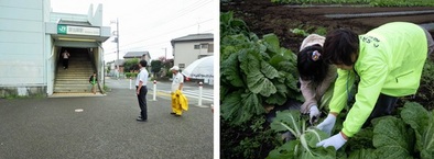 登下校の見守りと農耕作業の様子の写真